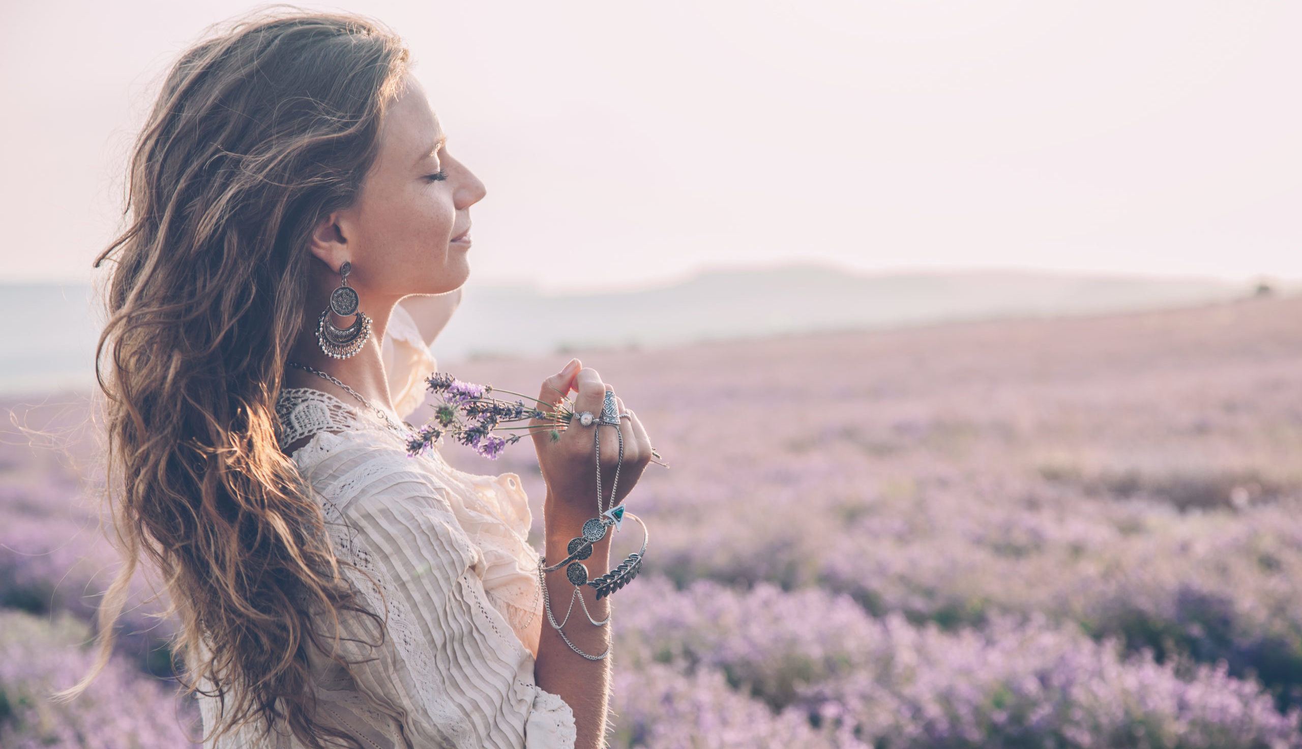 Transpersonal Psychotherapy in Middlesex County, New Jersey at Awakened Path Counseling | Boho styled model in lavender field