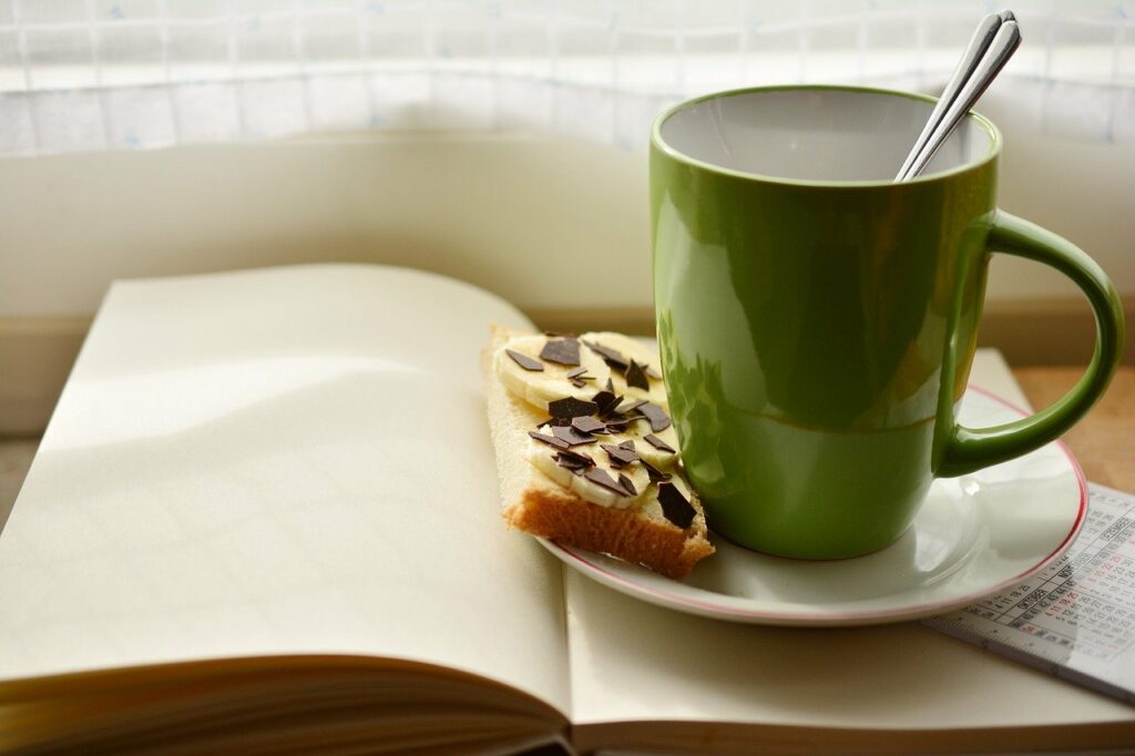 cup, book, breakfast