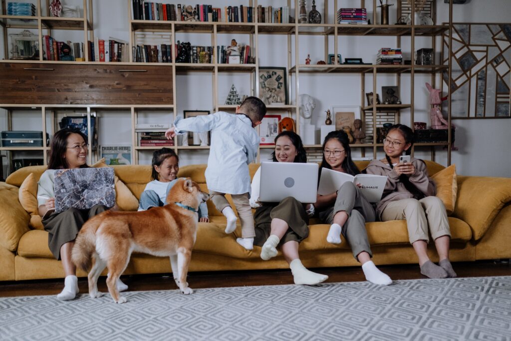 Family sitting in living room